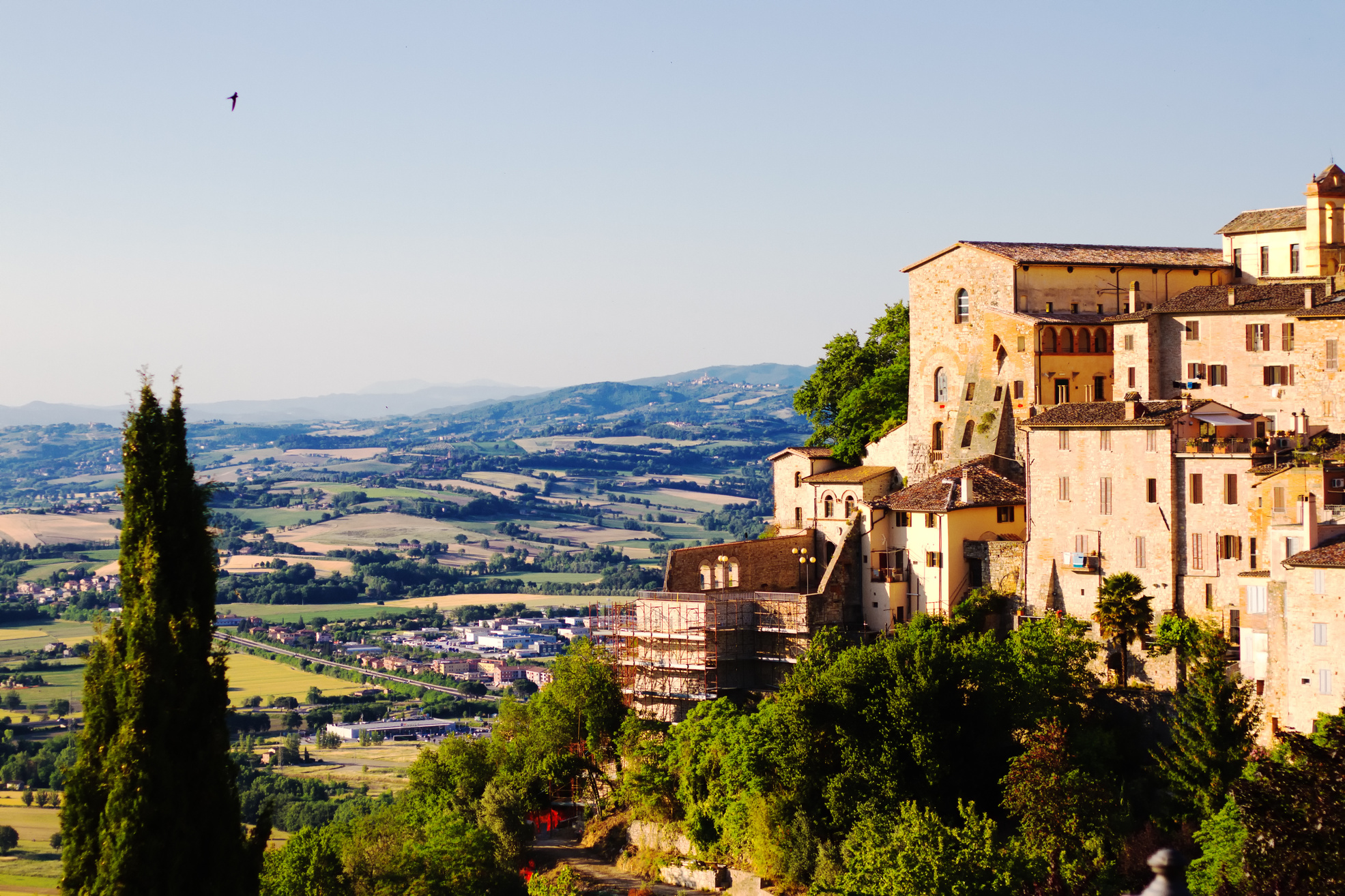 Todi, Umbria, Italy: Sunlit Medieval Todi at Dusk